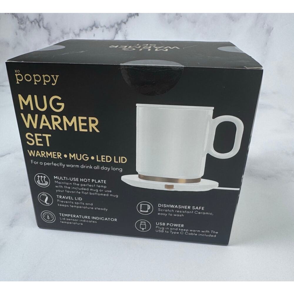 NIB XO Poppy Mug Warmer Set USB LED Lid Heated Coffee Mug White Desk Warmer - Picture 1 of 5